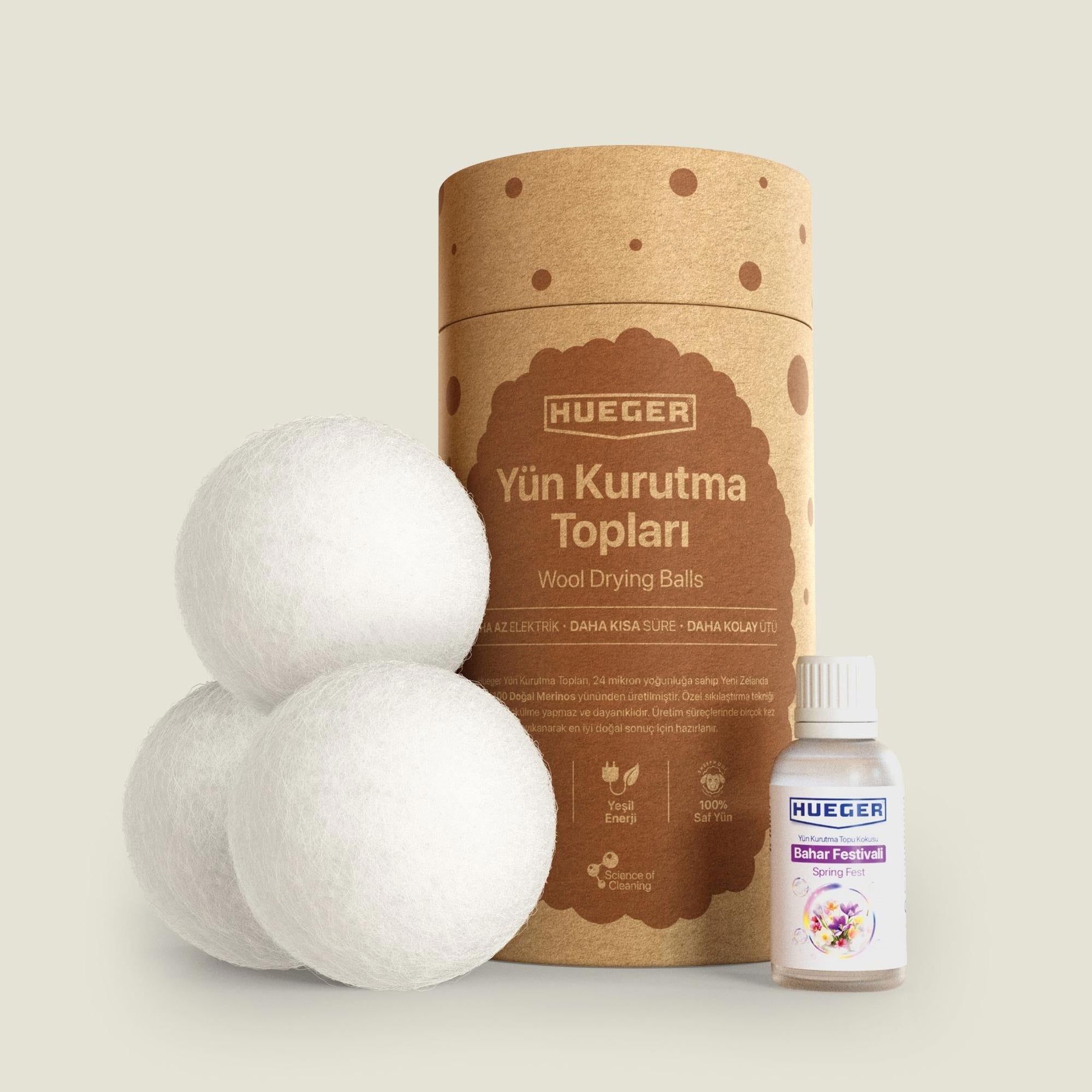 %100 Doğal Merinos Yün Kurutma Topu 3 Adet ve 30 ML Bahar Festivali Yün Kurutma Topu Kokusu - Hueger