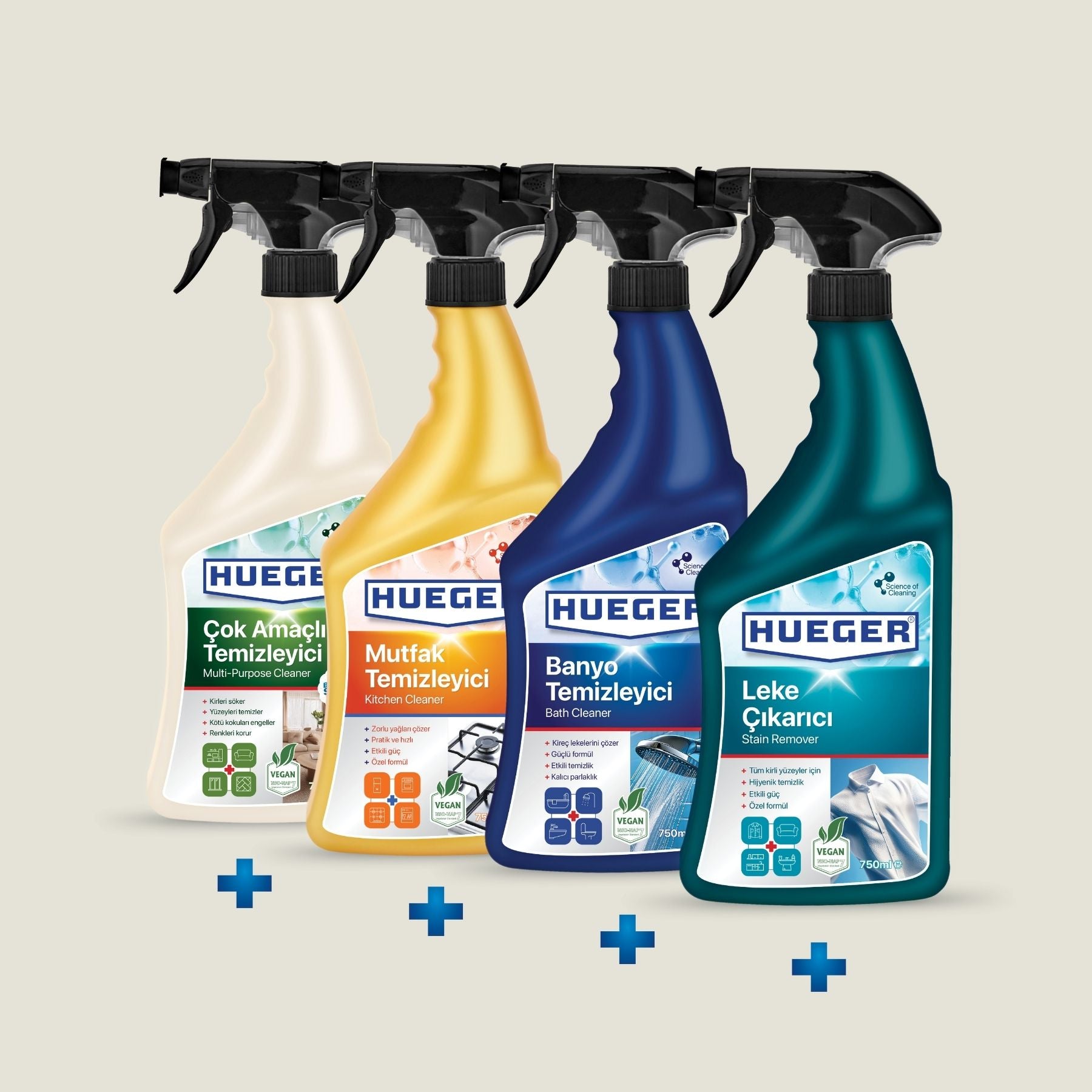 Çok Amaçlı Yüzey Temizleyici, Mutfak Temizleyici, Banyo Temizleyici ve Leke Çıkarıcı Sprey 4'lü Set - Hueger