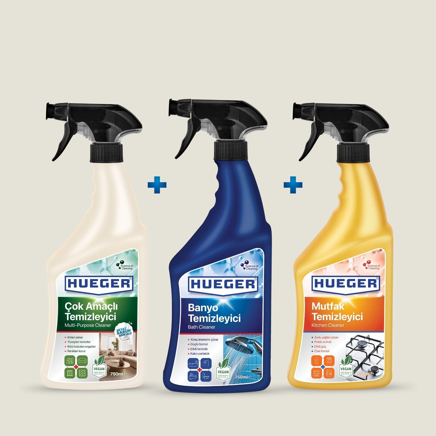 Mutfak Temizleyici, Çok Amaçlı Yüzey Temizleyici ve Banyo Temizleyici 3'lü Set - Hueger