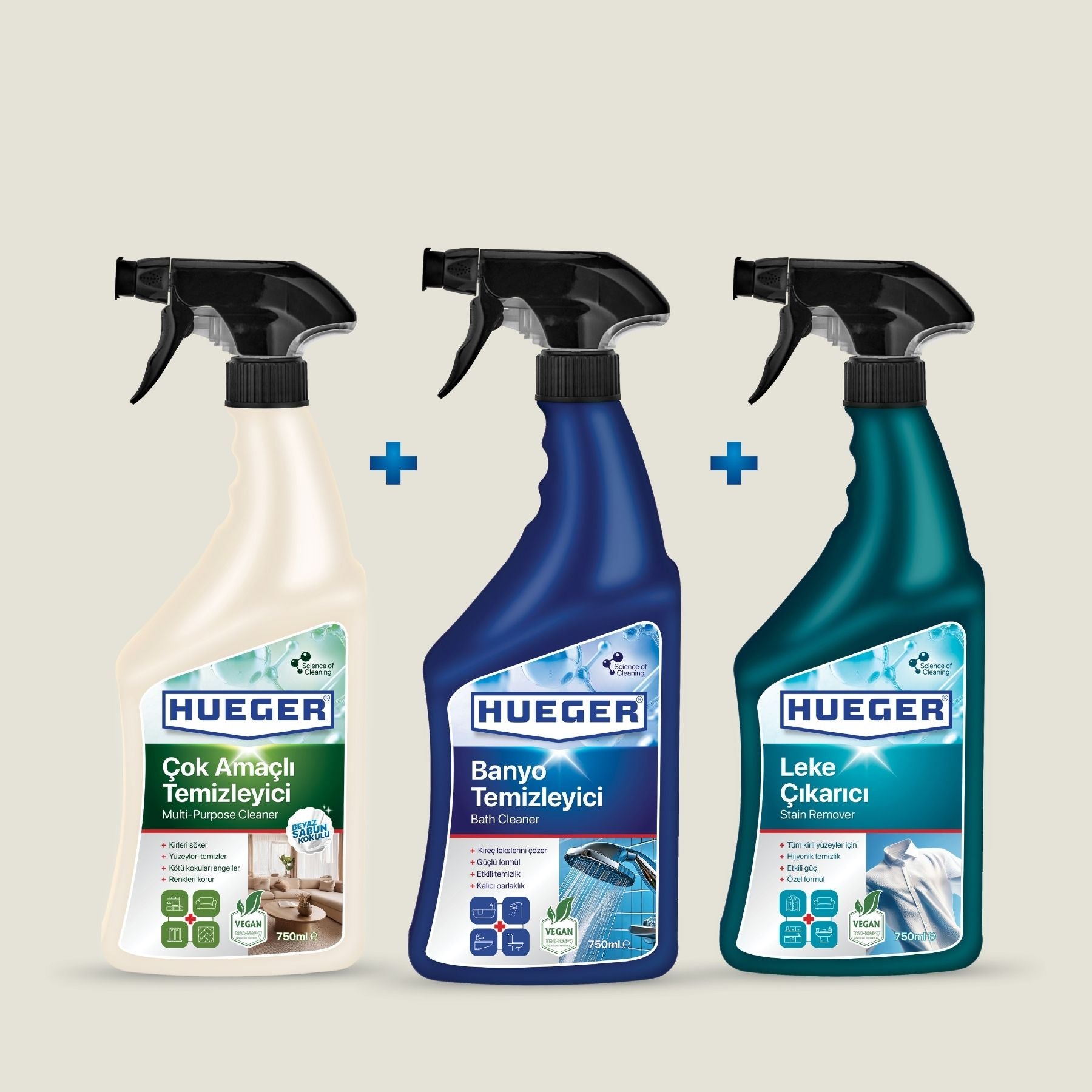 Çok Amaçlı Yüzey Temizleyici, Leke Çıkarıcı Sprey ve Banyo Temizleyici 3'lü Set - Hueger