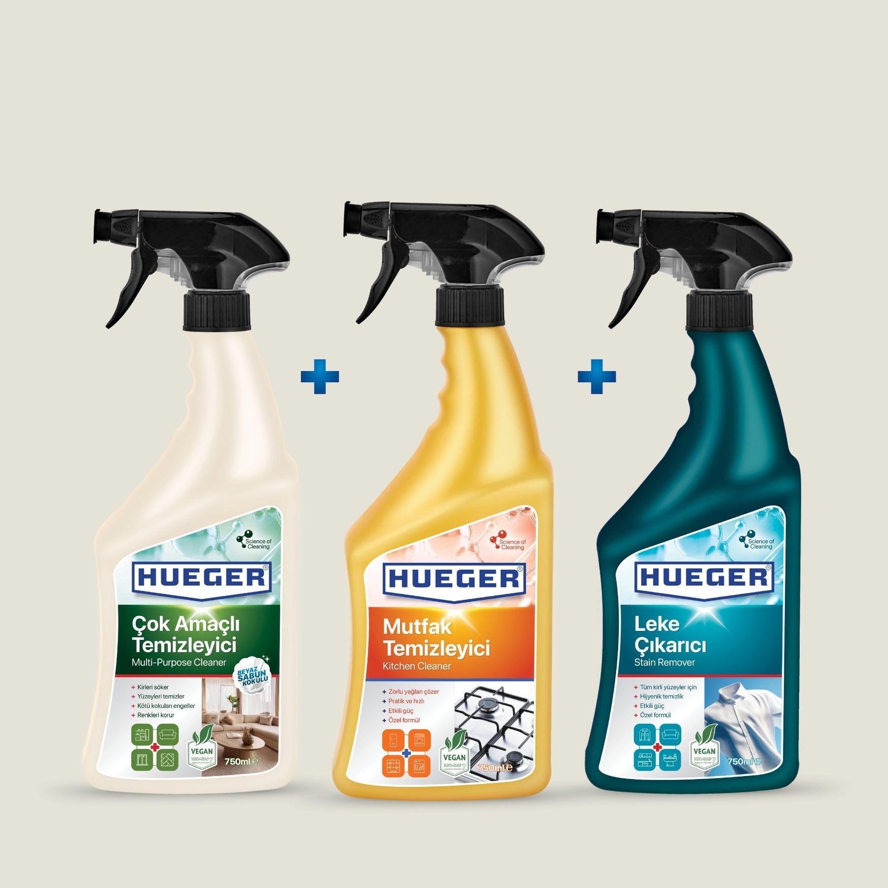 Çok Amaçlı Yüzey Temizleyici, Leke Çıkarıcı Sprey ve Mutfak Temizleyici 3'lü Set - Hueger