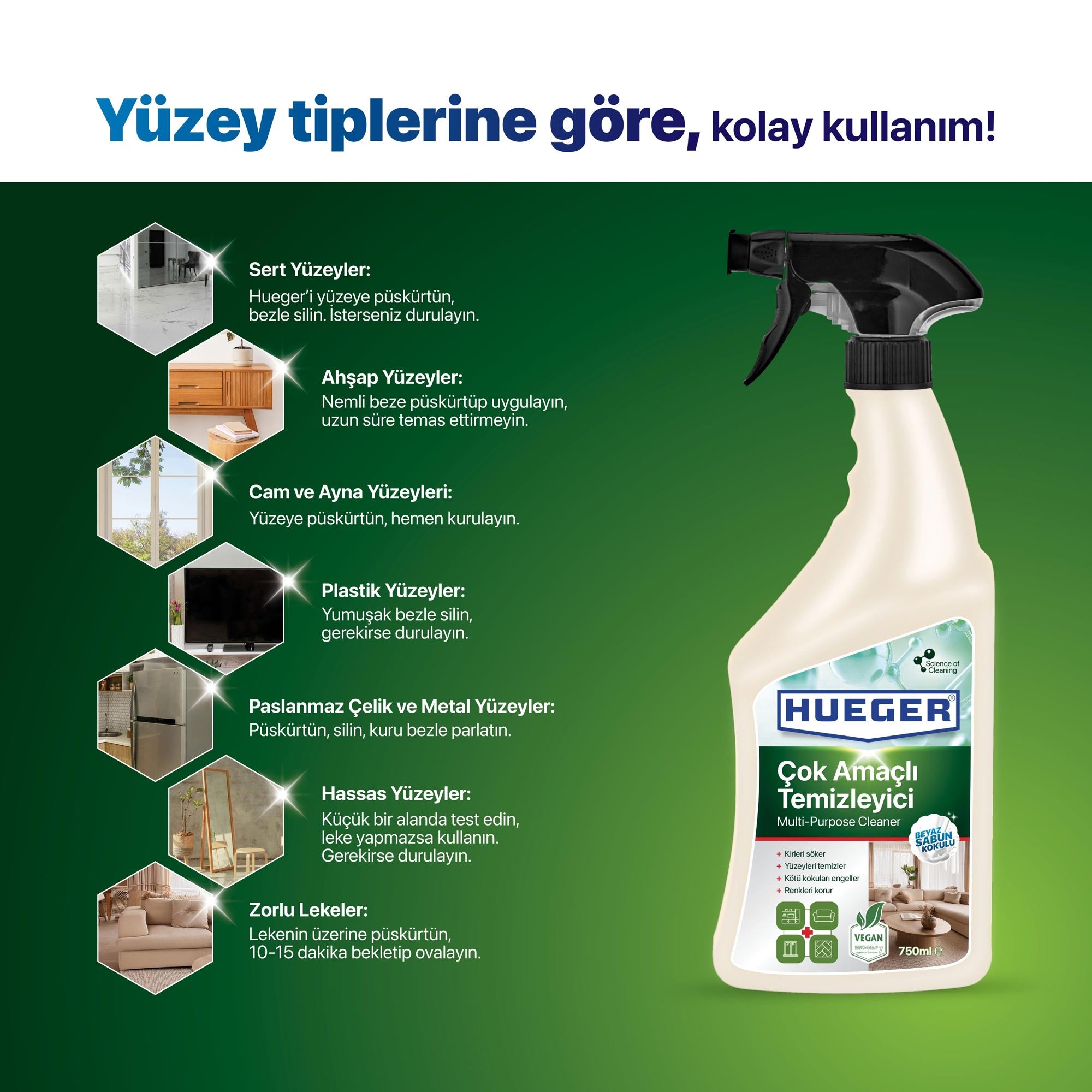 Vegan Çok Amaçlı Temizleyici Yüzey Tiplerine Göre Kolay Kullanım